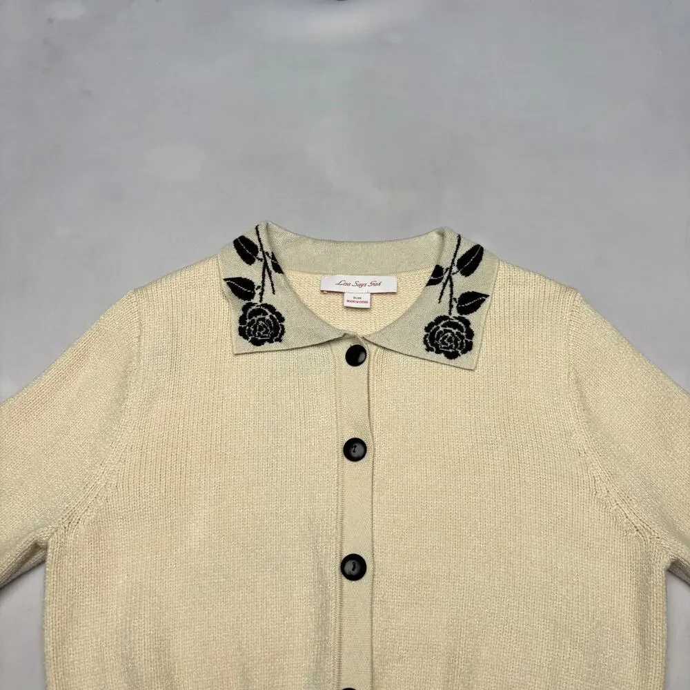 Lisa Says Gah Battenberg Cardigan Sweater Women's M/L Preppy READ - Picture 2 of 11